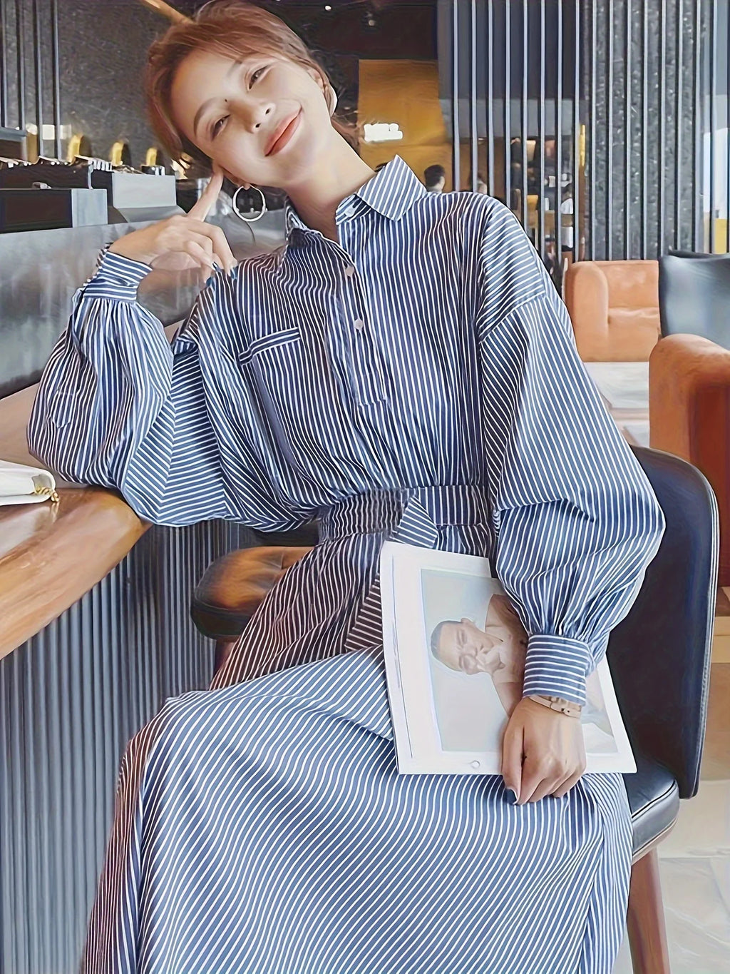 2025 New! Women's Blue - White Stripe Shirt Dress, Ideal for Spring & Fall. Slimming with Cinched Waist, High - end Long Dress