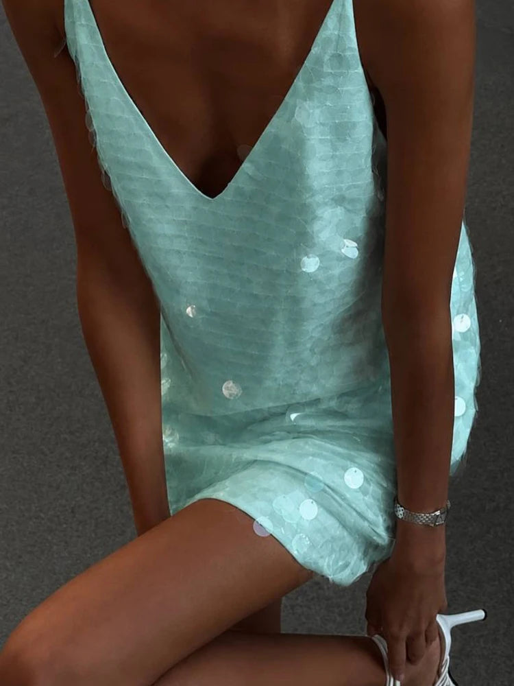 Mint Green Sequin Thin Strap Loose Mini Dress Glam Deep V Neck Sleeveless Bar Party Gown 2026 Nightclub Vacation Street Outfit