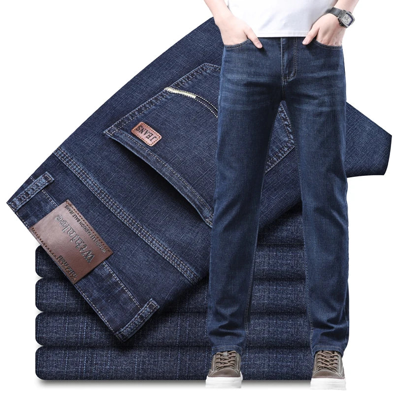 New Men Spring Autumn Straight Leg Business Jeans Trend Male Baggy Stretch Daily Casual Comfortable Black Gray Denim Trousers