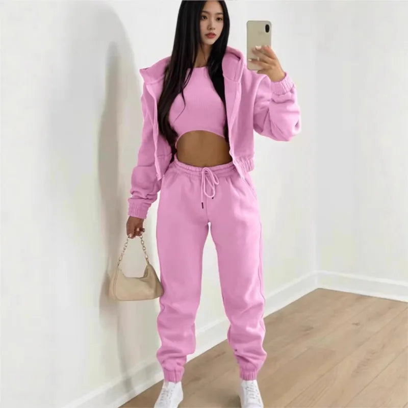Women's 3 Piece Sets Suit Casual Long Sleeve Zip Hoodies Tank High Waist Sweatpants Jogger Pant Suits Sporty Three Pieces Outfit