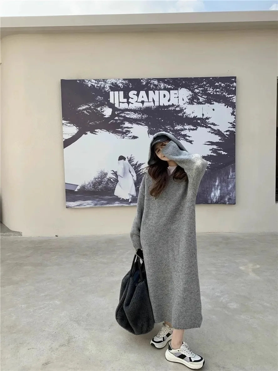 Korean style autumn hooded cashmere sweater long sweater dress loose women's knitted woolen hoodie
