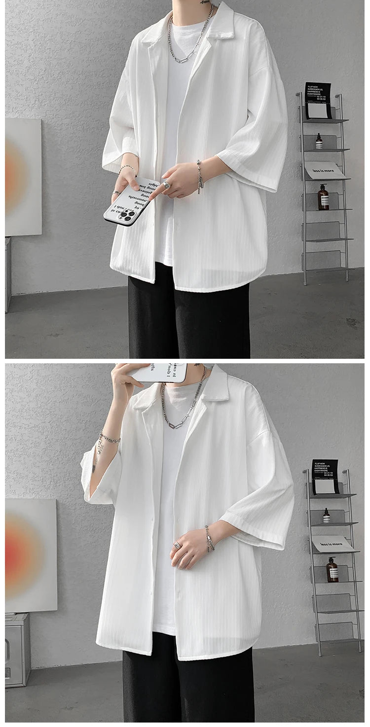 LEGIBLE Spring Summer Solid Shirts Men Casual Oversized Three Quarter Shirts Male Loose Fit Shirt for Man