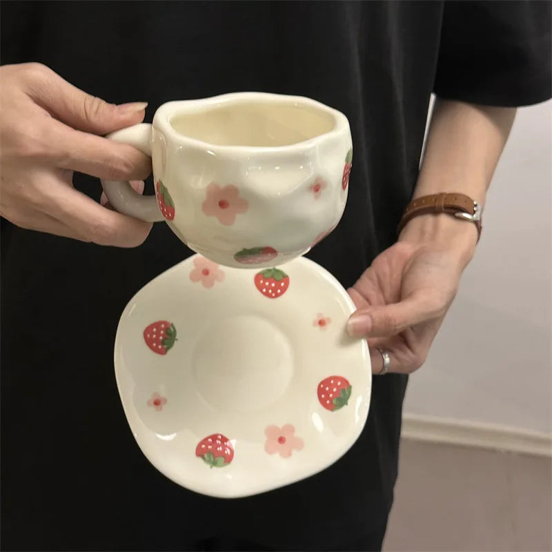 ins style retro flower ceramic cups and saucers, hand-squeezed irregular coffee cups and saucers, afternoon tea cups and saucers
