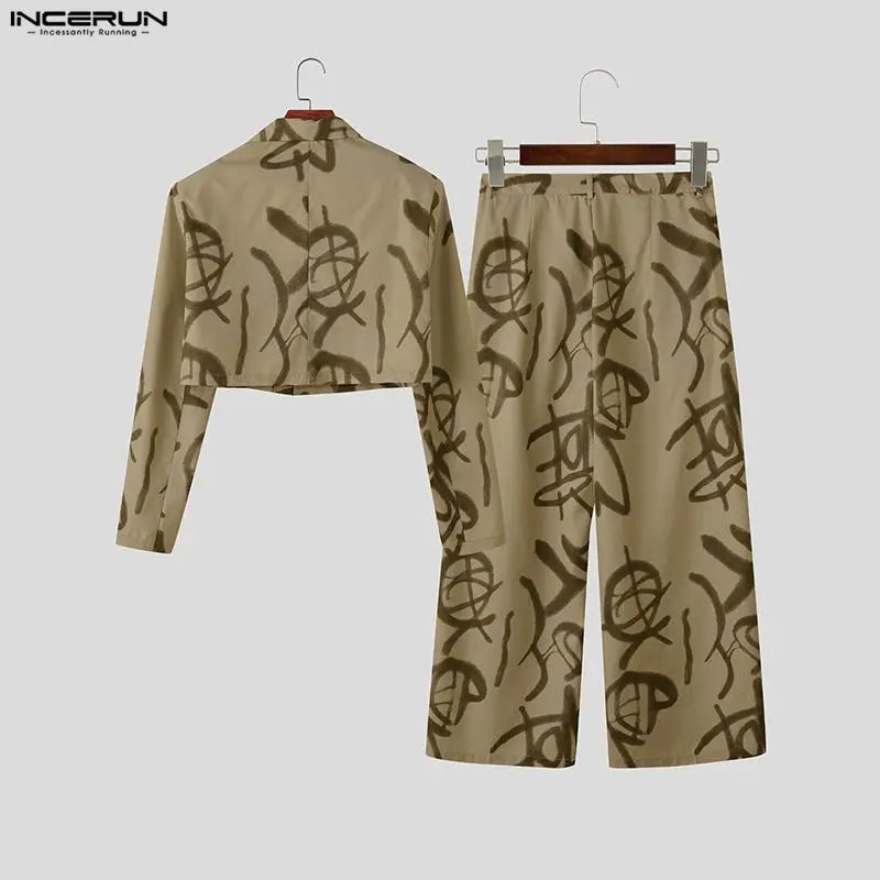INCERUN Men Sets Printing Lapel Long Sleeve Crop Blazer & Pants Two Pieces Sets Streetwear Personality Fashion Men Casual Suits