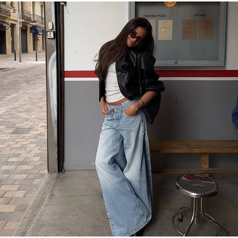 2026 Spring Low Waist Pleated Wide Leg Jeans Light Wash Raw Edge Double Waistband Casual Women Pants Trendy Y2K Lady Trousers