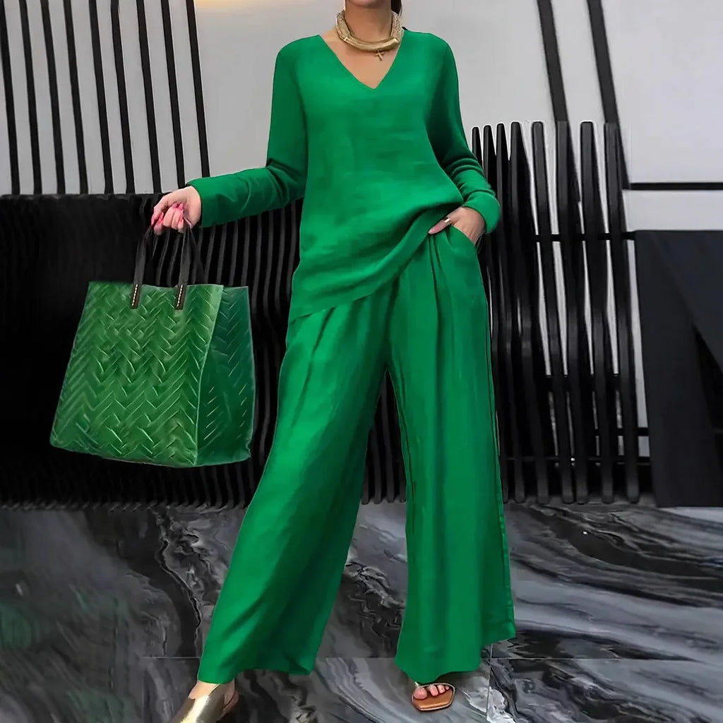 Summer New Pant Sets Fashionable V-neck Top+ Long Pants 2 Piece Set 2026 Women's Casual Loose Outfit Two Pieces Set Female Suit