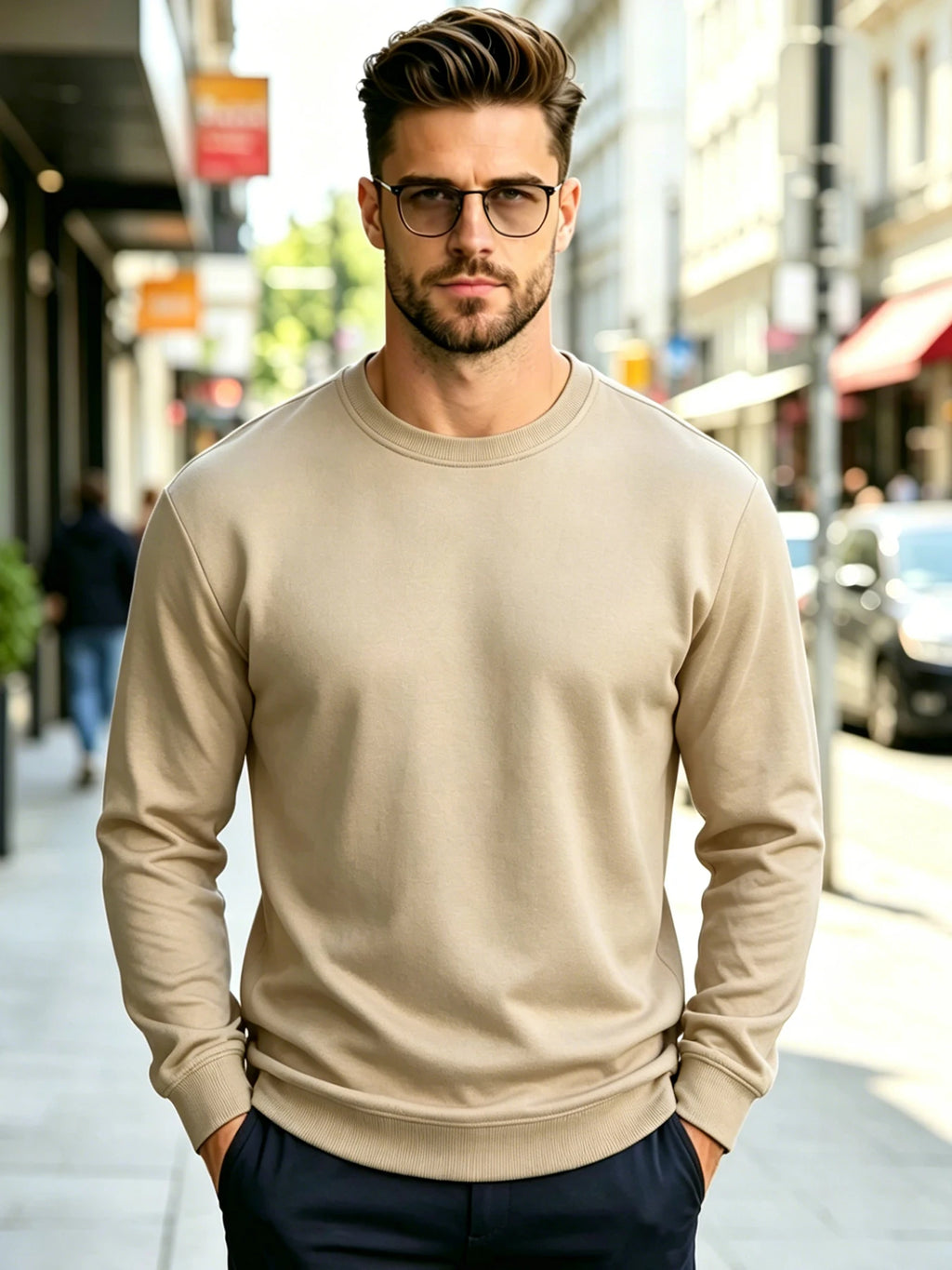 Men Solid Plain Crew Neck Sweatshirt Classic Rib Round Collar Cuffs & Hem Reinforced Waffle Stitching Soft Lightweight Wrinkle
