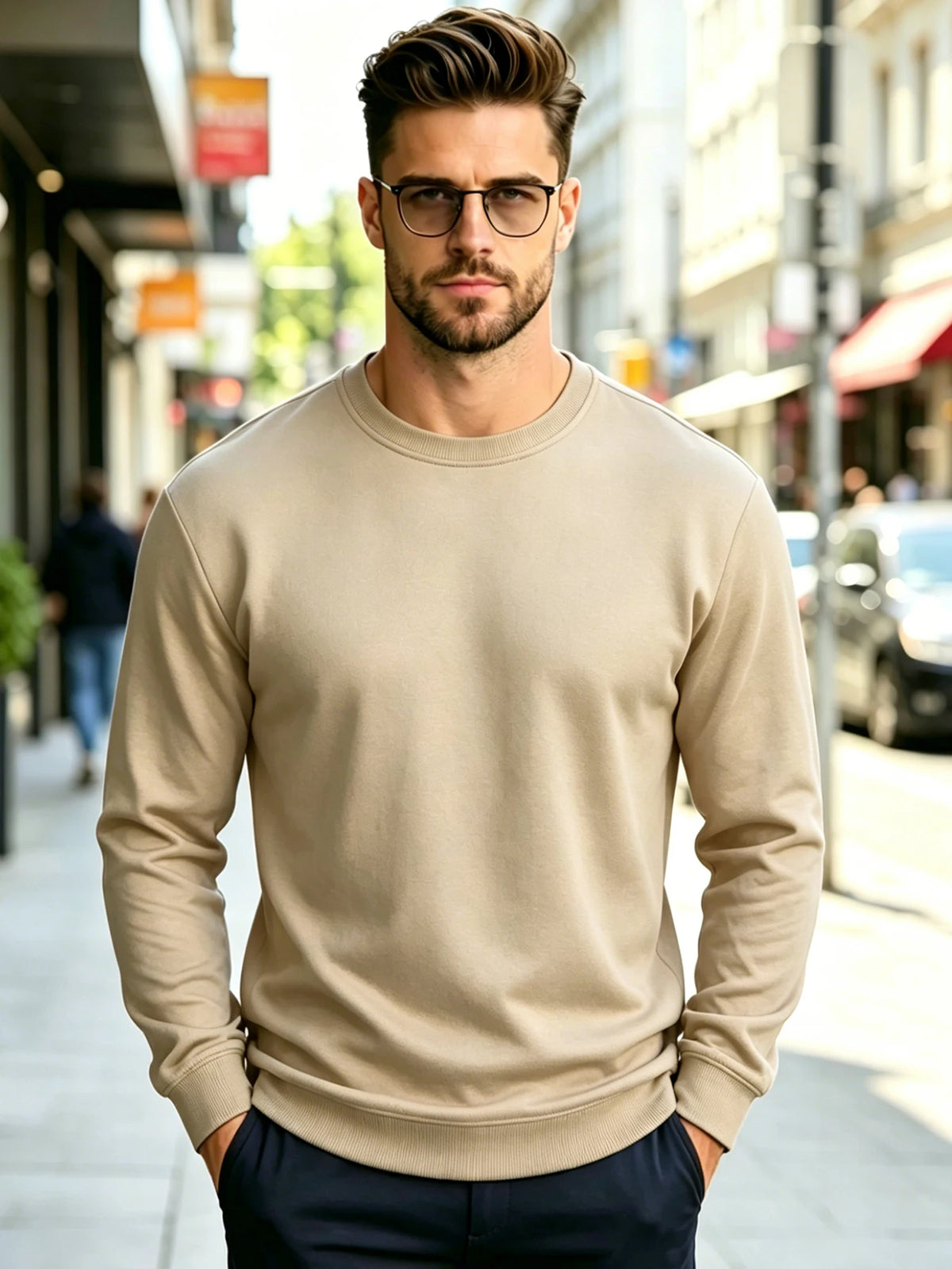 Men Solid Plain Crew Neck Sweatshirt Classic Rib Round Collar Cuffs & Hem Reinforced Waffle Stitching Soft Lightweight Wrinkle