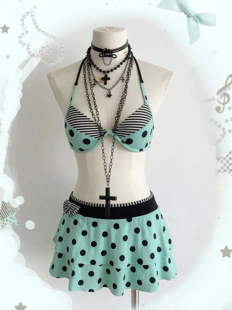 2026 new summer retro polka dot striped bikini set, short skirt, swimsuit, Y2K sweet and spicy girl swimsuit, beach vacation ins