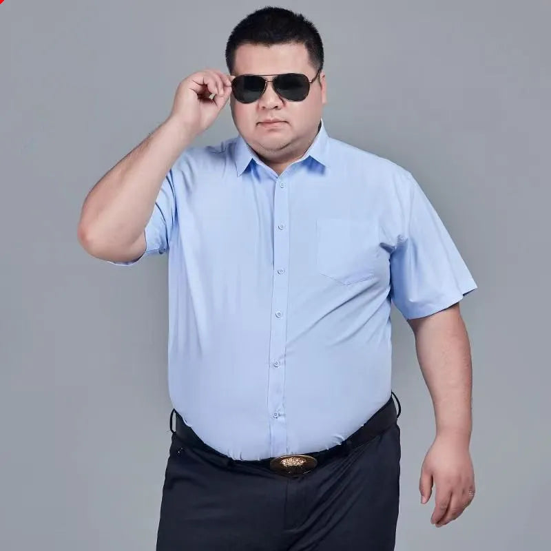 Plus Size 11XL 10XL Men's Business Shirt Casual Short Sleeve Summer Versatile Black-White Twill Plain Basic Social Formal 155KG