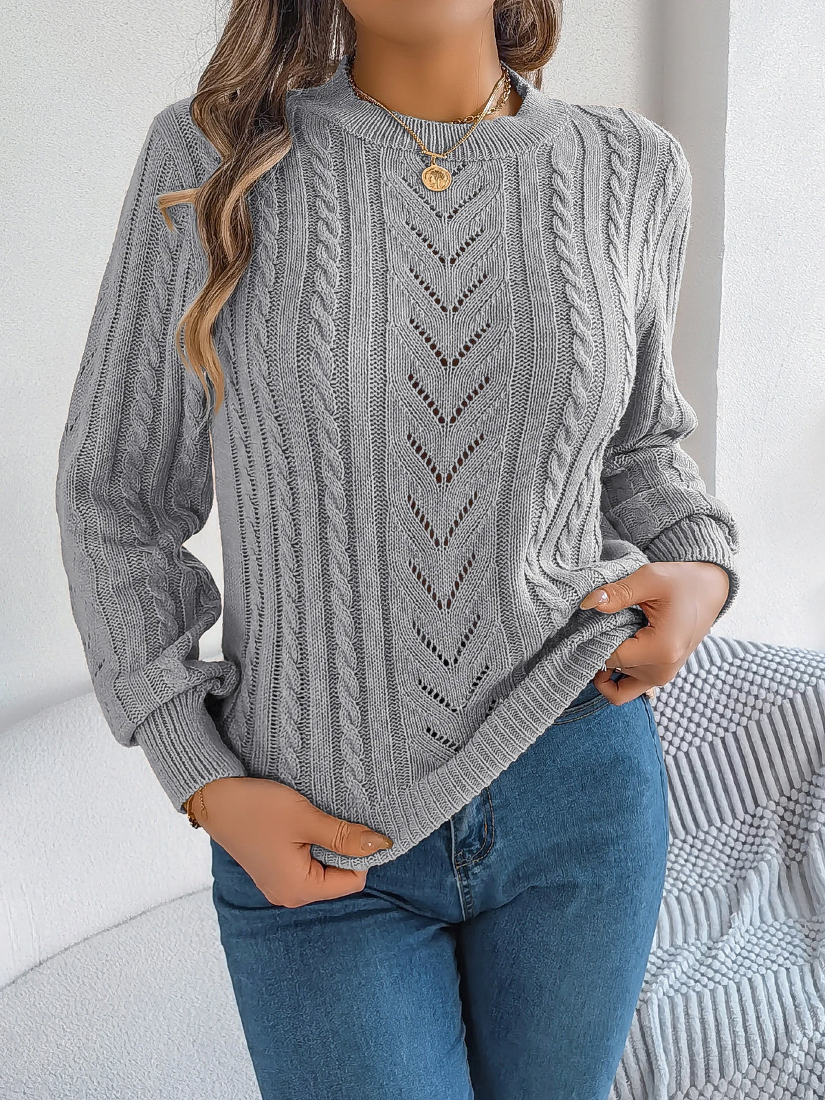 Women Solid Openwork Knit Pullover Round Neck Long Sleeve Cozy Fall Winter Resort Ready Sweater Top