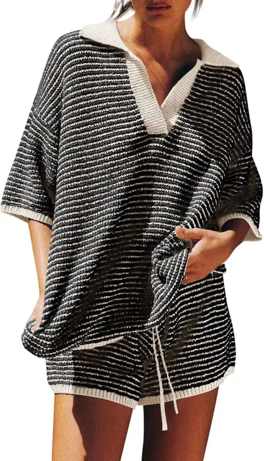 Holiday Retro Shorts Suit Summer New Women V Neck Knitted Tops Casual Lace Up Shorts Korean Fashion 2 Piece Sets Womens LLX6