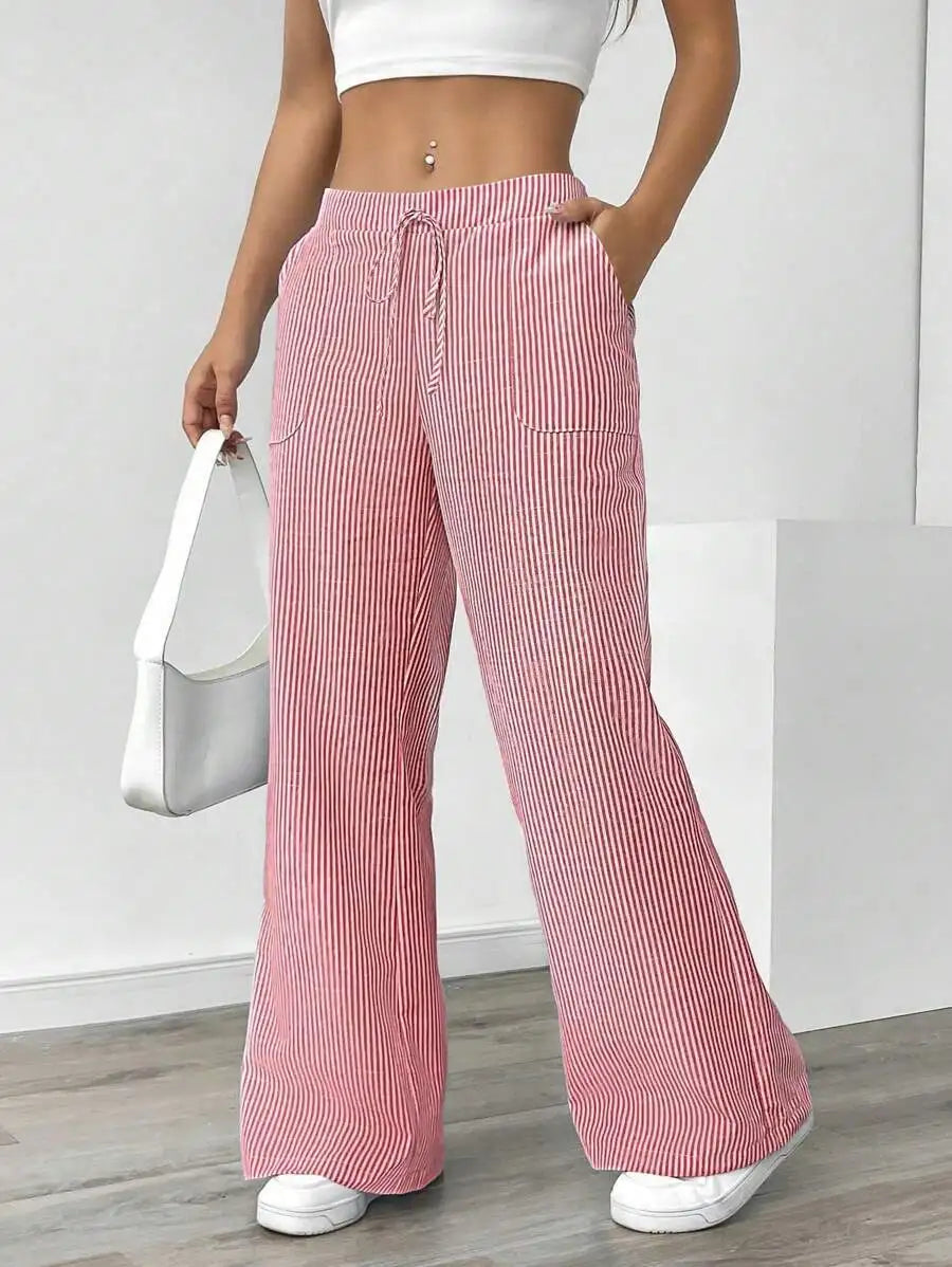 Summer Striped Wide Leg Pants Women High Waisted  Drawstring Loose Fit Slimming Casual Straight Leg Harem Pants Female Trousers