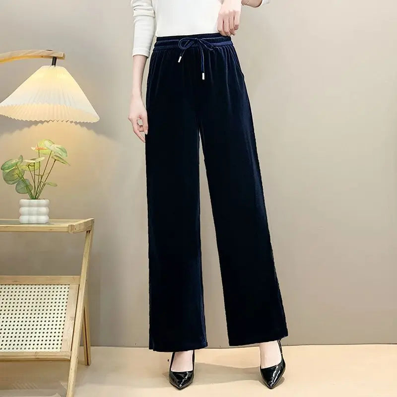 Women Drawstring High Waist Velvet Wide Leg Long Pants