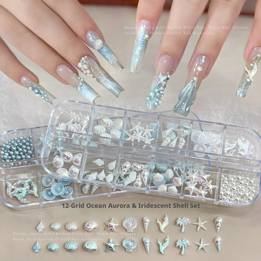 YYM 12 Grid Starfish Shell Nail Jewelry Set Box Conch Coconut Tree DIY Kit with Diamond Accessories for Nail Art
