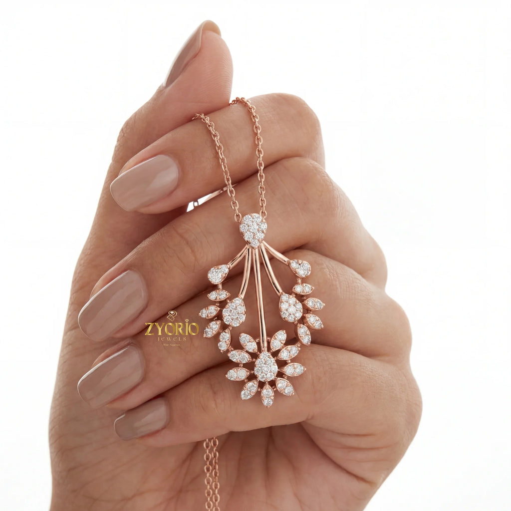 Luxury Floral Burst Lab Grown Diamond Pendant Necklace in 925 Silver Gold | IGI Certified Custom Women Fine Jewelry Supplier