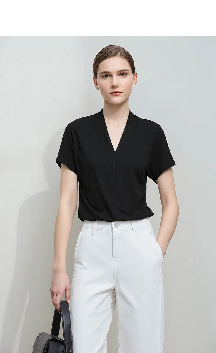 AMII Minimalism 2026 Summer Women's T-shirt Classic Style Casual V-neck Short Sleeve Solid Stretch Female Tops & Tees 12312013