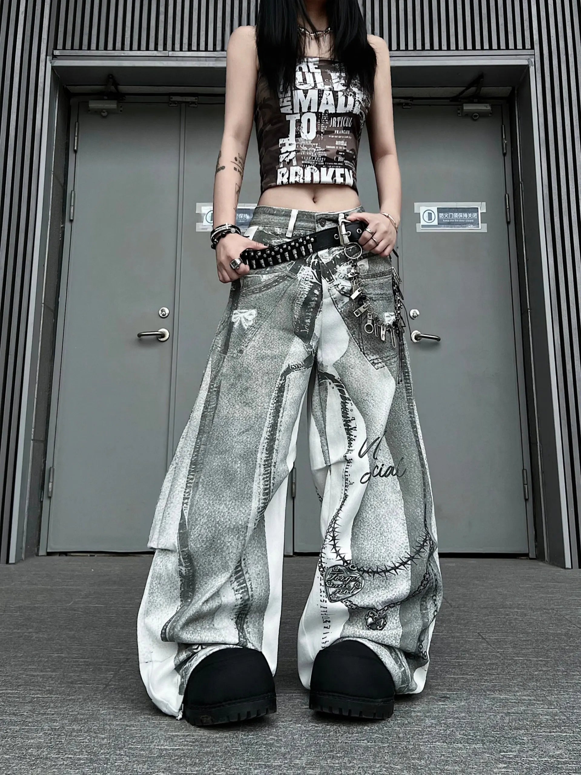2026 Women's Wide Leg Jeans Casual Cotton Denim Print High Waist Loose Fit Trousers Y2K Vintage Light Wash Street Style