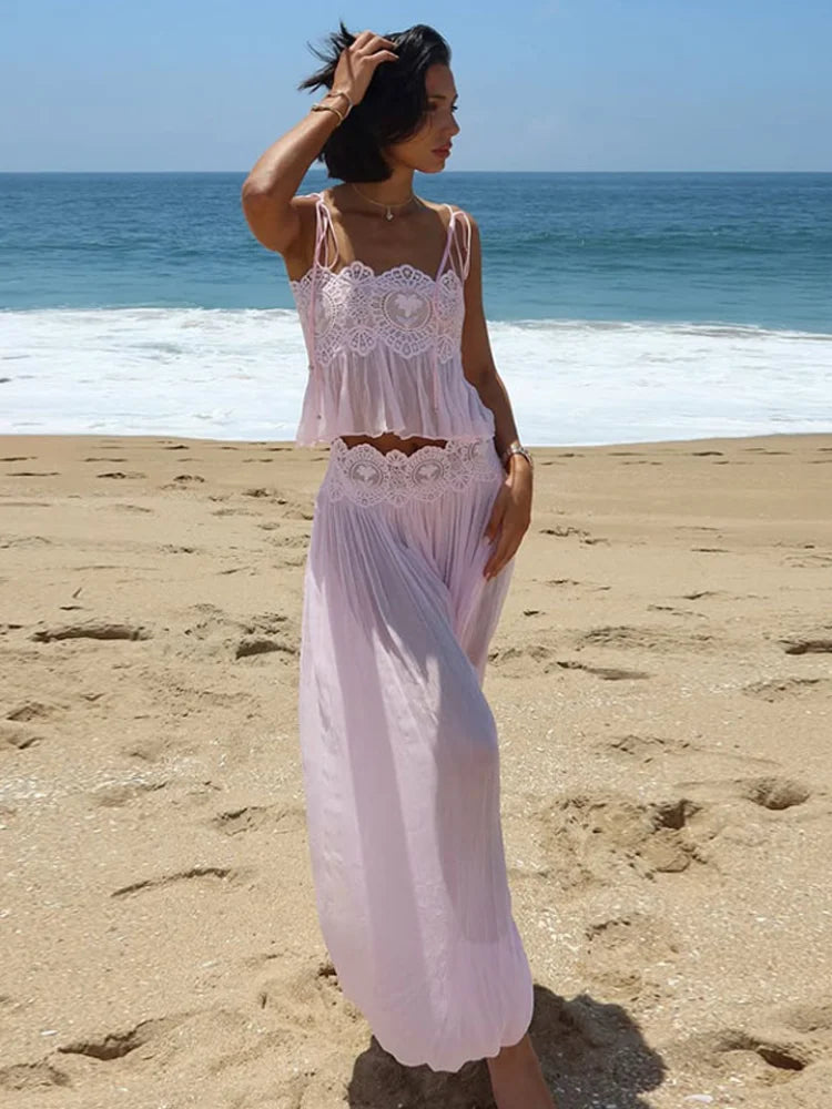 Women Elegant Lace Long Pant Set Square Neck Sheer Ruffle Hem Crop Cami Top High Waist Wide Leg Trousers 2026 Summer Chic Suit