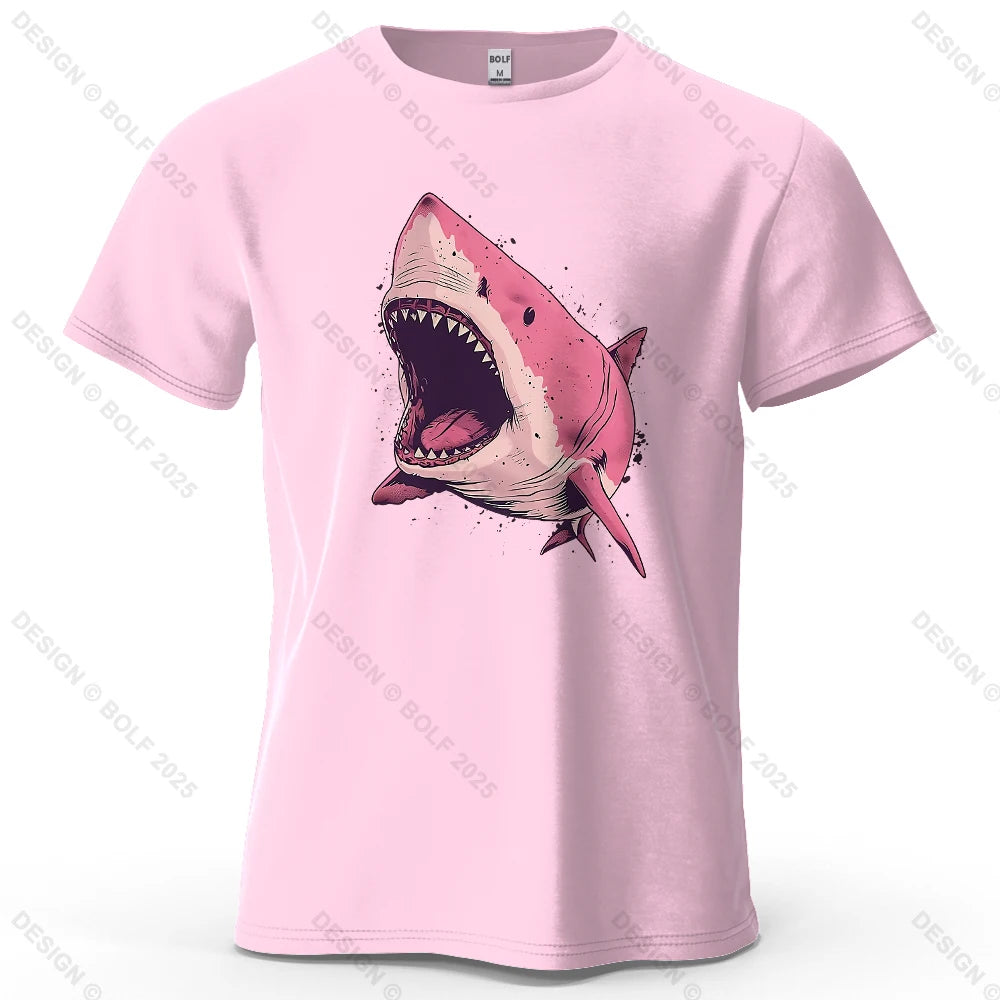 Pink Shark Cartoon Image Printed Men's T-Shirt 100% Cotton Oversized Marine Life Graphic Tees for Women Tops Tees Streetwear