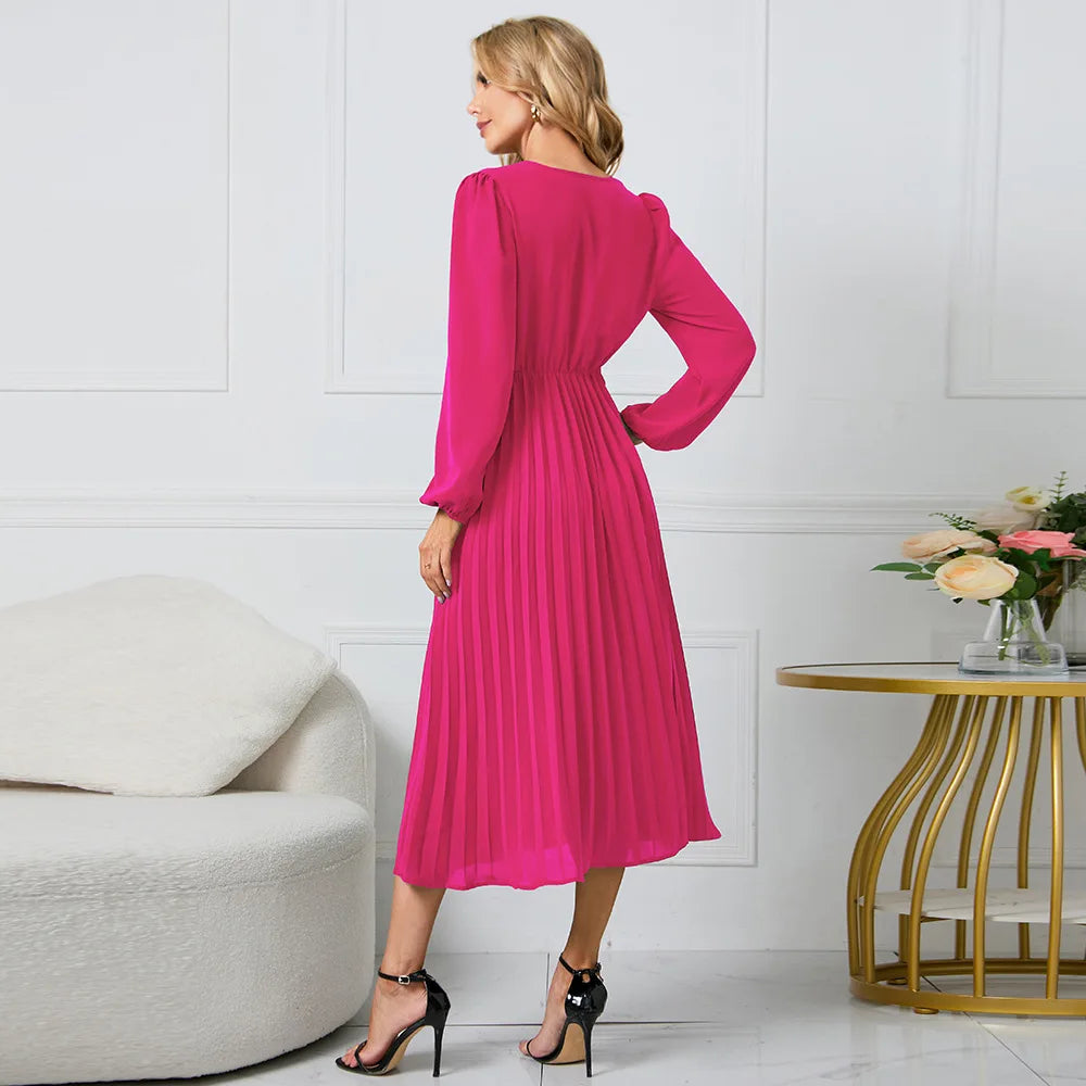 Elegant Women's Green Chiffon Autumn/Winter Long Sleeve Slim Fit Pleated Dress Fashion Women's V-neck Belt Party Dresses S-2XL