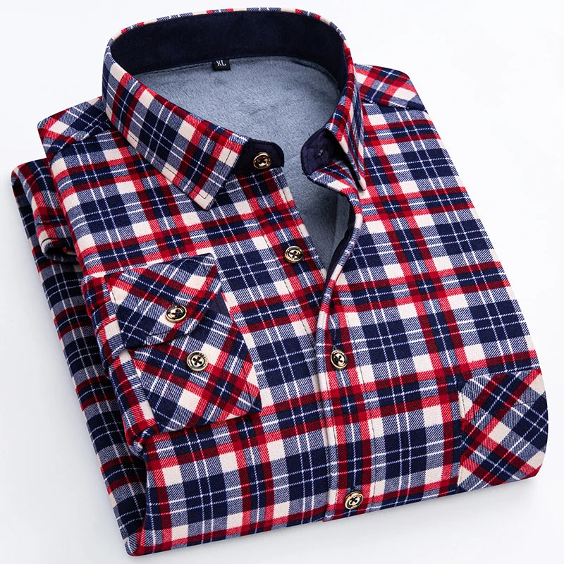 Winter Warm Shirts For Men Regular Fit Thicker Velvet Top Blouse Asia Plus Size Big Plaid Casual Clothing Long Sleeves Shirts
