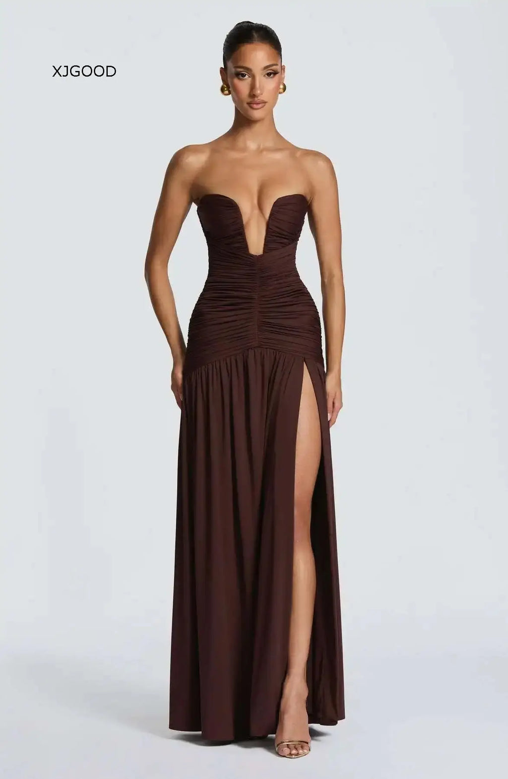 Women's Strapless Pleated High Slit Long Skirt Sexy Pure Color mid Waist Polyester Fiber V-neck Sleeveless Slim Fit Dress
