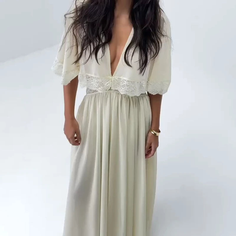 Elegant Short Sleeve Hollow Out Maxi Dresses Fashion Lace Patchwork Women Chiffon Dress 2026 Summer New Lady V Neck Long Robes