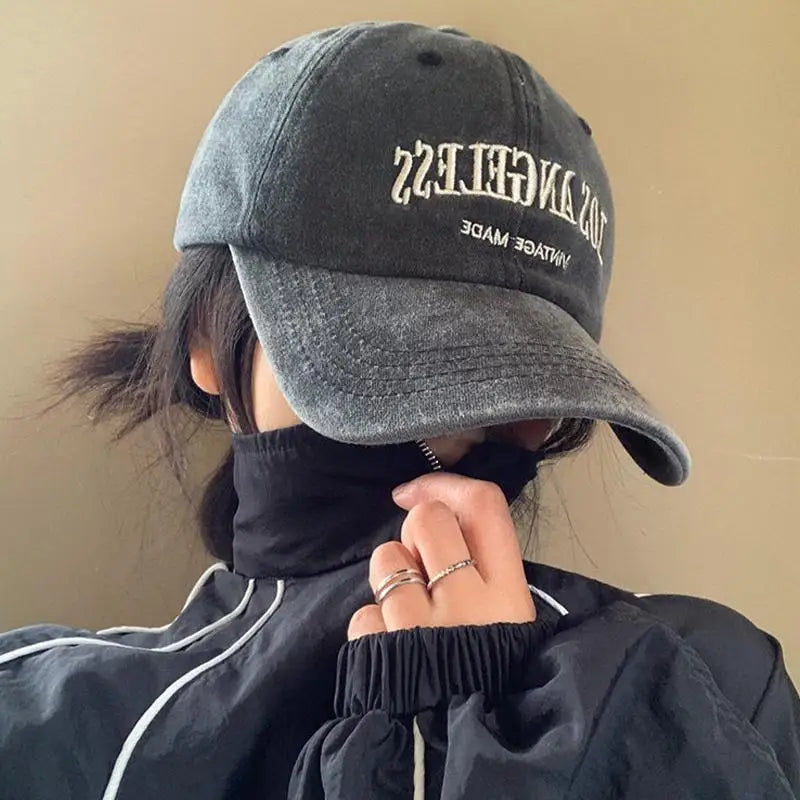 Retro Baseball Cap For Women Summer Washed Denim Letter Sun Hat Wide Brim Fashionable Duckbill Cap