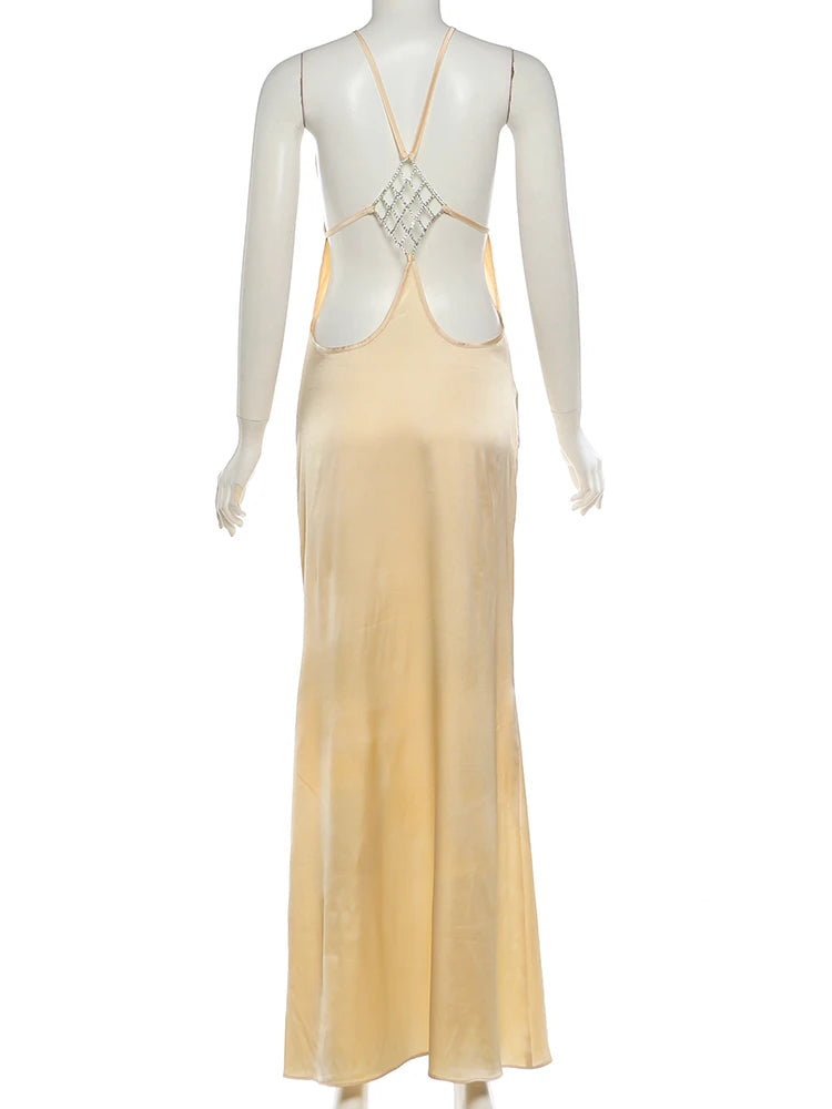 Nibber Sleeveless Halter Satin Dress Women Metal Buckle Elegant Patchwork Fashion Classic Evening Party Backless Long Bodycon