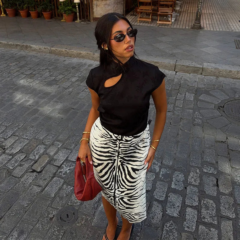 Chic Women Black White Zebra Print Midi Pencil Skirt High Waist Front Split Straight Chic Streetwear 2026 Autumn Summer Bottoms