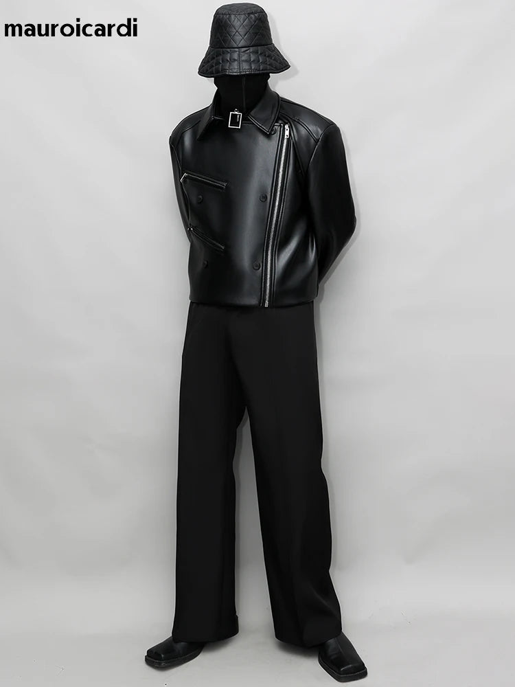 Mauroicardi Spring Autumn Oversized Cool Pu Leather Jacket Men Long Sleeve Stand Collar High Quality Luxury Designer Clothes