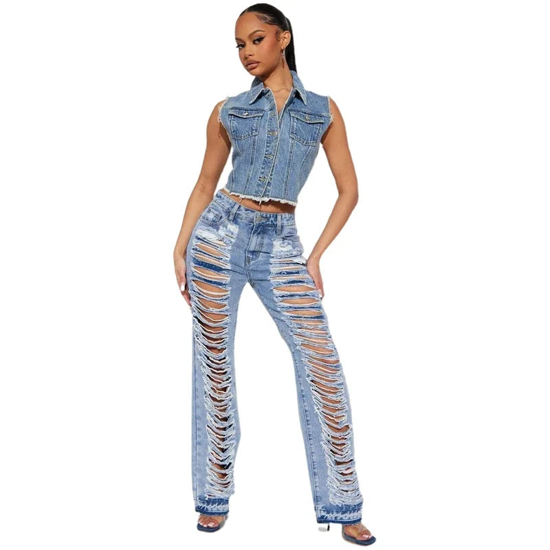 Fashion Ripped Jeans Summer Clothes Women 2024 High Waist Broken Holes Denim Trousers Streetwear Cutout Straight Leg Jean Pants