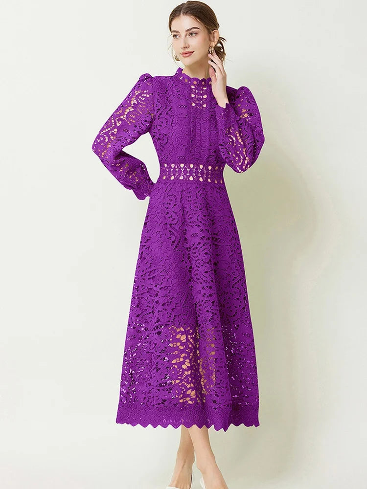 Solid Lace Holloe Out Slimming Elegant Dresses For Women Stand Collar Long Sleeve High Waist Minimalist Dress Female Fashion