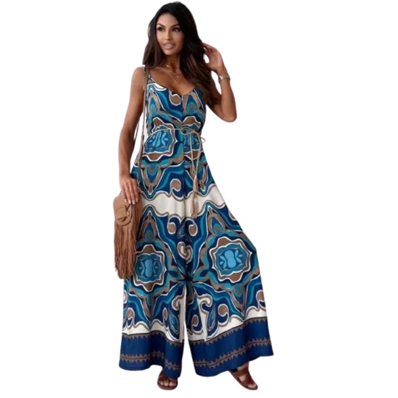 Summer European American Printed Camisole Jumpsuit Women's New Loose Casual Beach Vacation Plus Size Jumpsuit S450