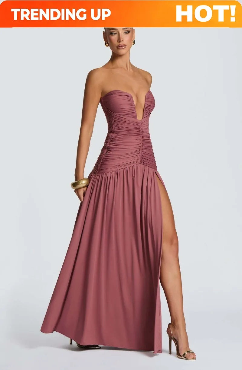 Women Elegant Deep V-neck Pleated Strapless Dress Chic Off-shoulder Backless Split Maxi Dresses 2026 Lady Evening Party Vestidos