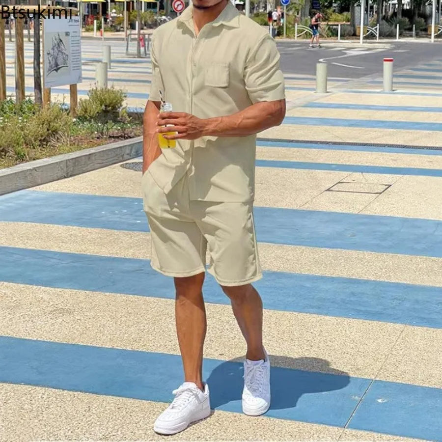 2026 Men's Summer Solid Casual Sets Comfy Cotton Linen Short Sleeve Lapel Shirt and Shorts Two Piece Sets Men Loose Sport Outfit