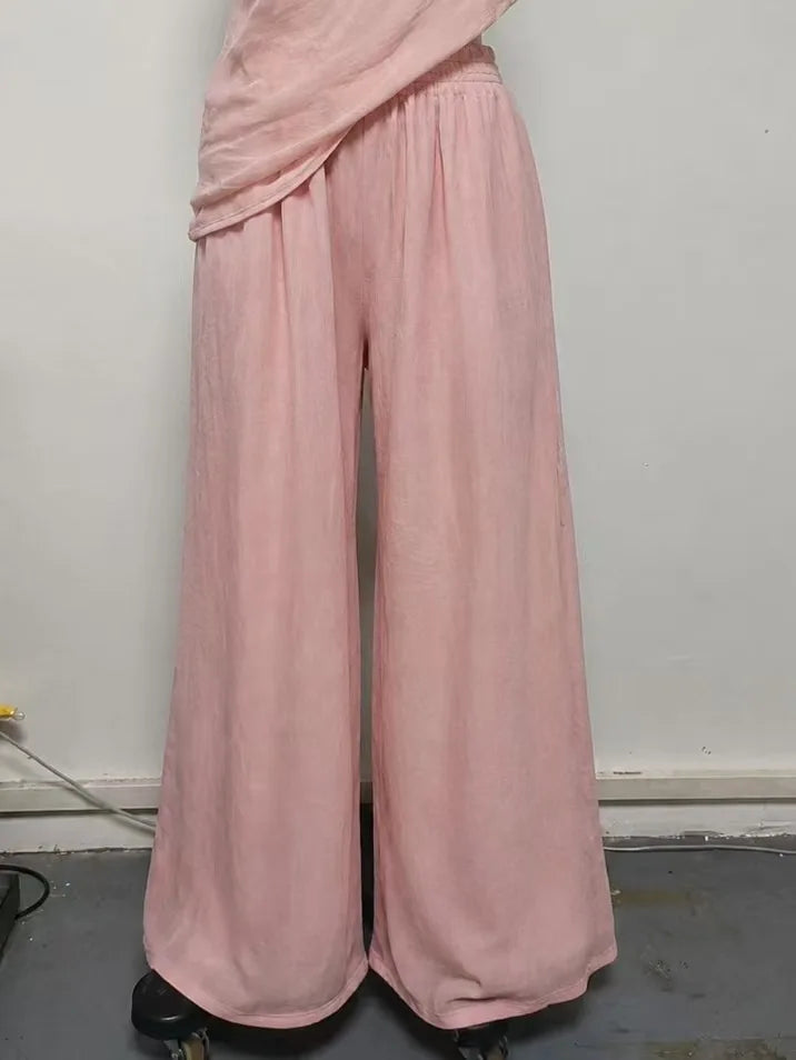 Summer Women Slant Shoulder Top & Wide Leg Pants 2 Piece Outfit Cotton Linen Casual Matching Suit