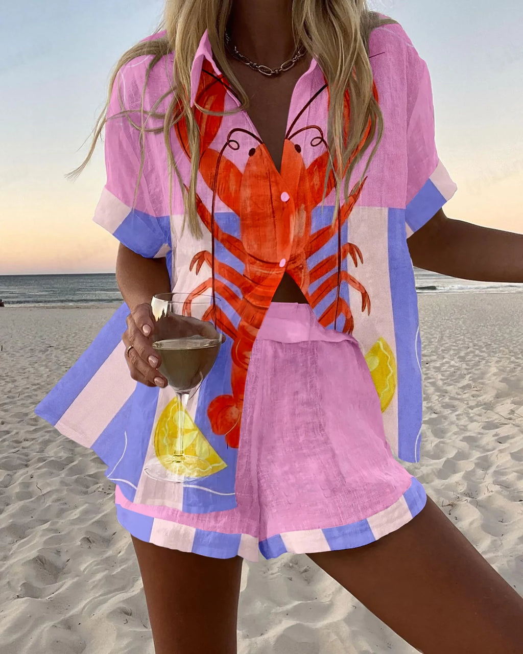 Summer Women's Print Beach Holiday Two-Piece Set Fashion Short Sleeve Buttoned Shirt with Wide Leg Shorts Casual Outfit