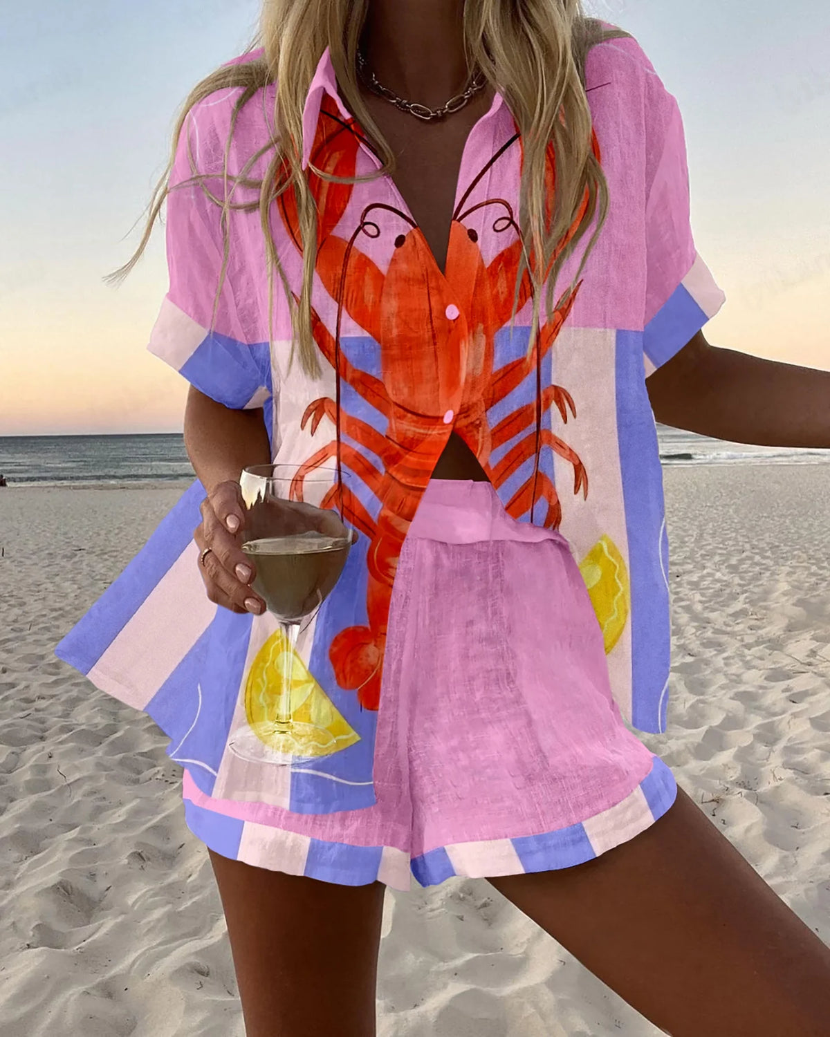 Summer Women's Print Beach Holiday Two-Piece Set Fashion Short Sleeve Buttoned Shirt with Wide Leg Shorts Casual Outfit