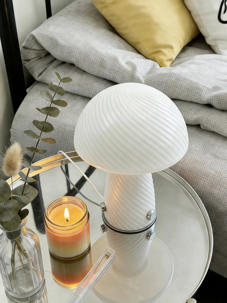Forest Shade Glass Mushroom Table Lamp Nordic Bauhaus Ins Cream Style Girly Living Room Bedroom Bedside Ornament Ambient Night