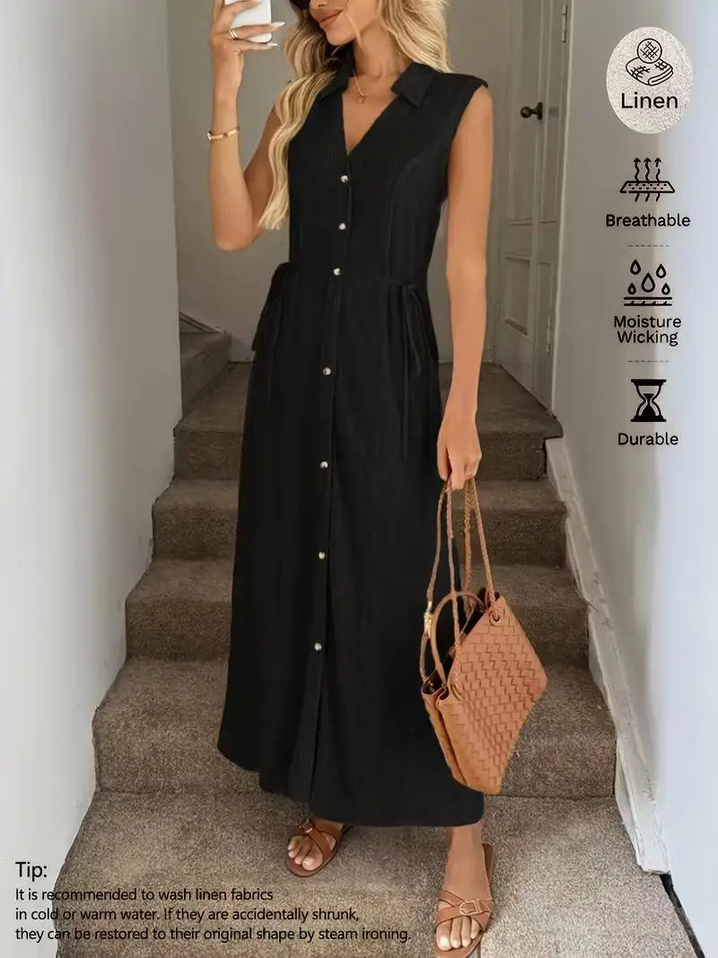 BohemianStyle Dress Sleeveless V-Neck ButtonFront Dresses Elegant Classic Solid Dresses Resort SeasideStyle Vacation Dresses