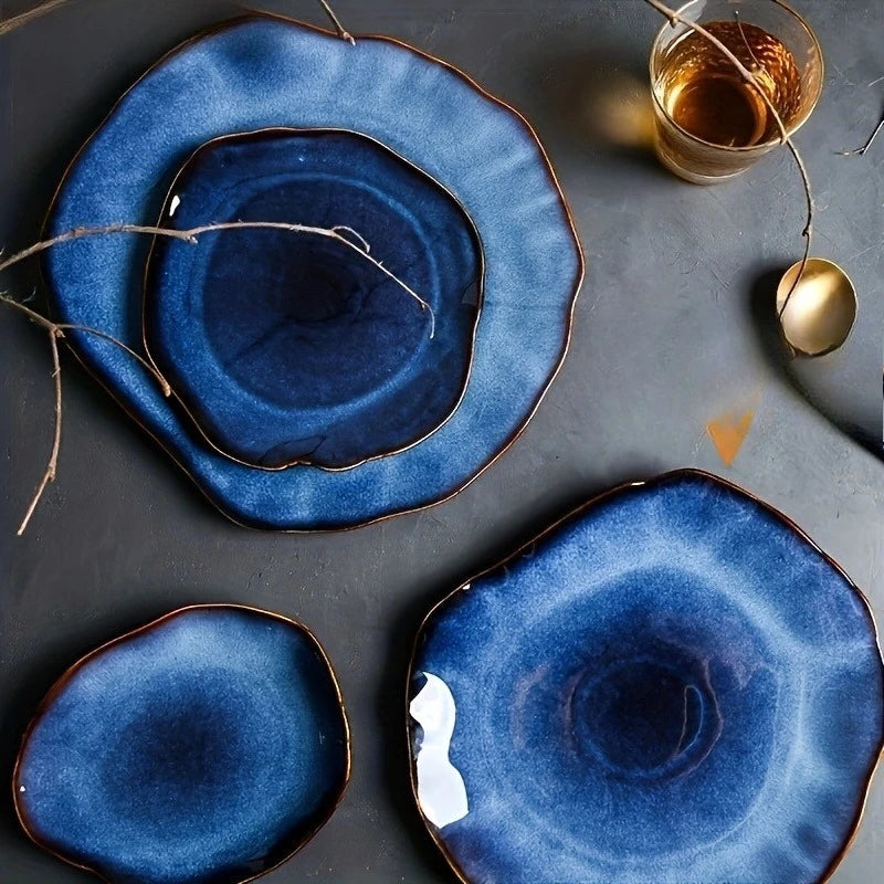 Nordic Style Blue Kiln Turned Ceramic Food Plate Steak Pasta Western Cuisine Plate Kitchen Utensils Dining Table Decoration