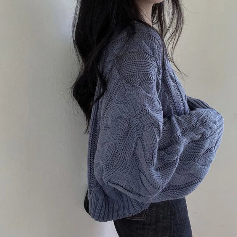 Vintage Twist Cropped Sweater Pullover Women Autumn Winter Loose V-Neck Knitted Jumper Lazy Style Classic Long Sleeve Knitwear