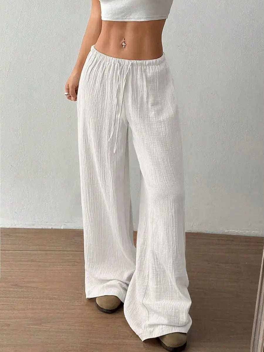 Women's Elegant Versatile Elastic Waist Comfortable Casual Pant Slightly Elastic Simple Solid Color High Waist Wide-leg Pants