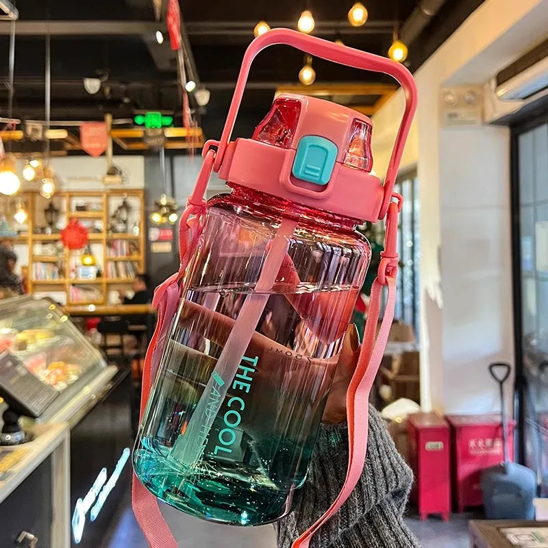 1.5/2 Liter Water Bottle Portable Plastic Sports Bottle With Straw Strap Large Tumbler Gym Travel Juice Drinking Bottle BPA Free