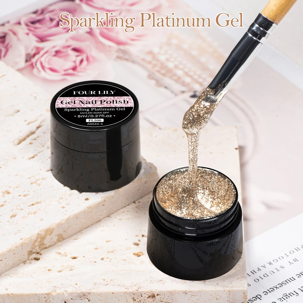 FOUR LILY 8ml Pink Glitter Sequins Gel Nail Polish Shiny Sparkling Platinum Semi Permanant Soak Off Nail Art Varnish Manicure