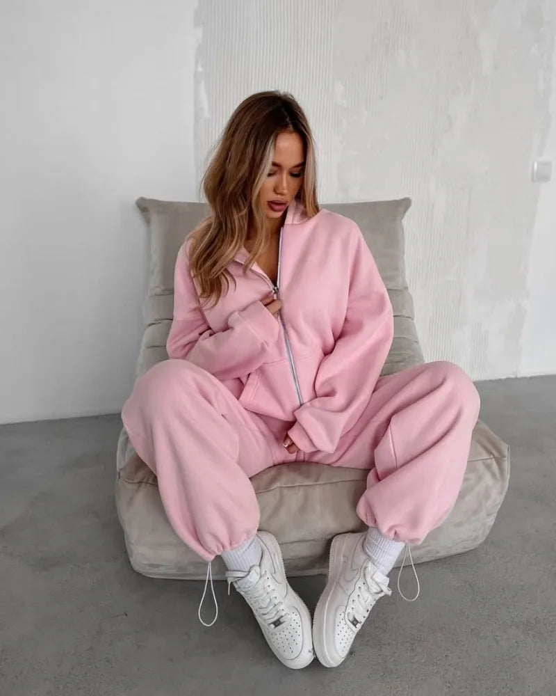 Women's Casual Suit Solid Color Long Sleeve Hooded Cardigan Pocket Sweater Elastic Pants Two-piece Set