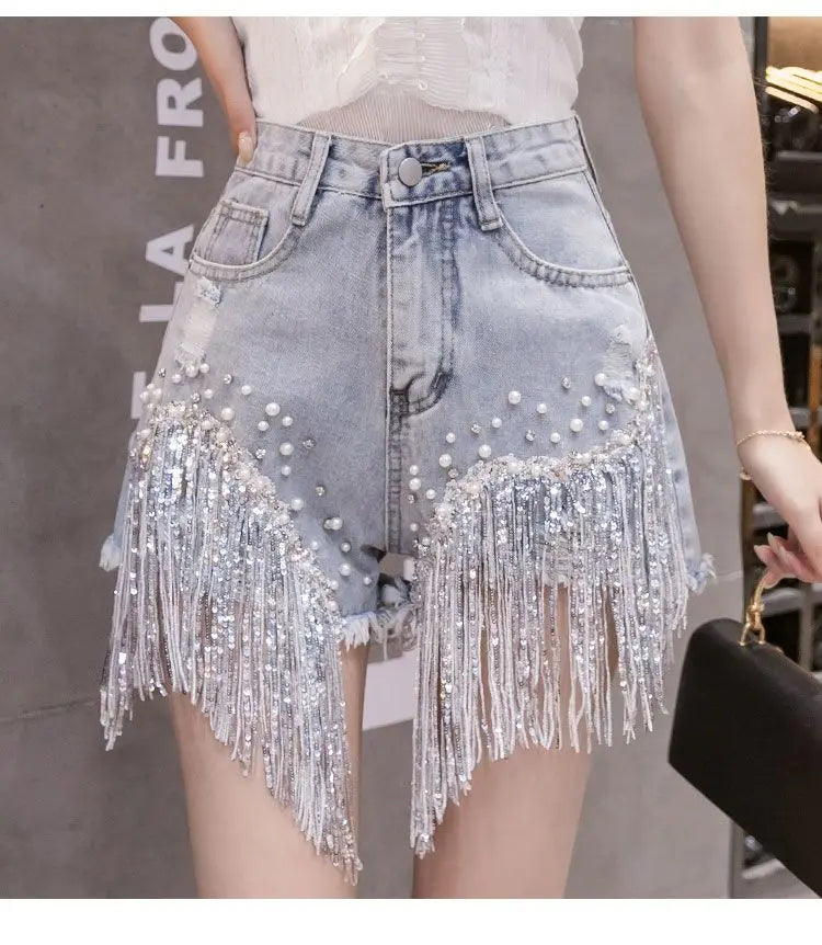 2026 Summer New Personalized Denim Shorts Women's High Waist Diamond Inlaid Heavy Industry sequins Tassel Denim Hot Pants Trendy