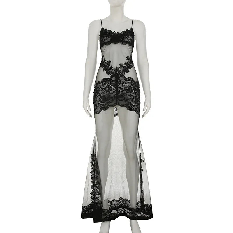 Lace Transparent Mini Dress For Women's Shestyle Embroidery Flower Mesh Transparent Flare Outfits Prom Nightwear Club Long Dress